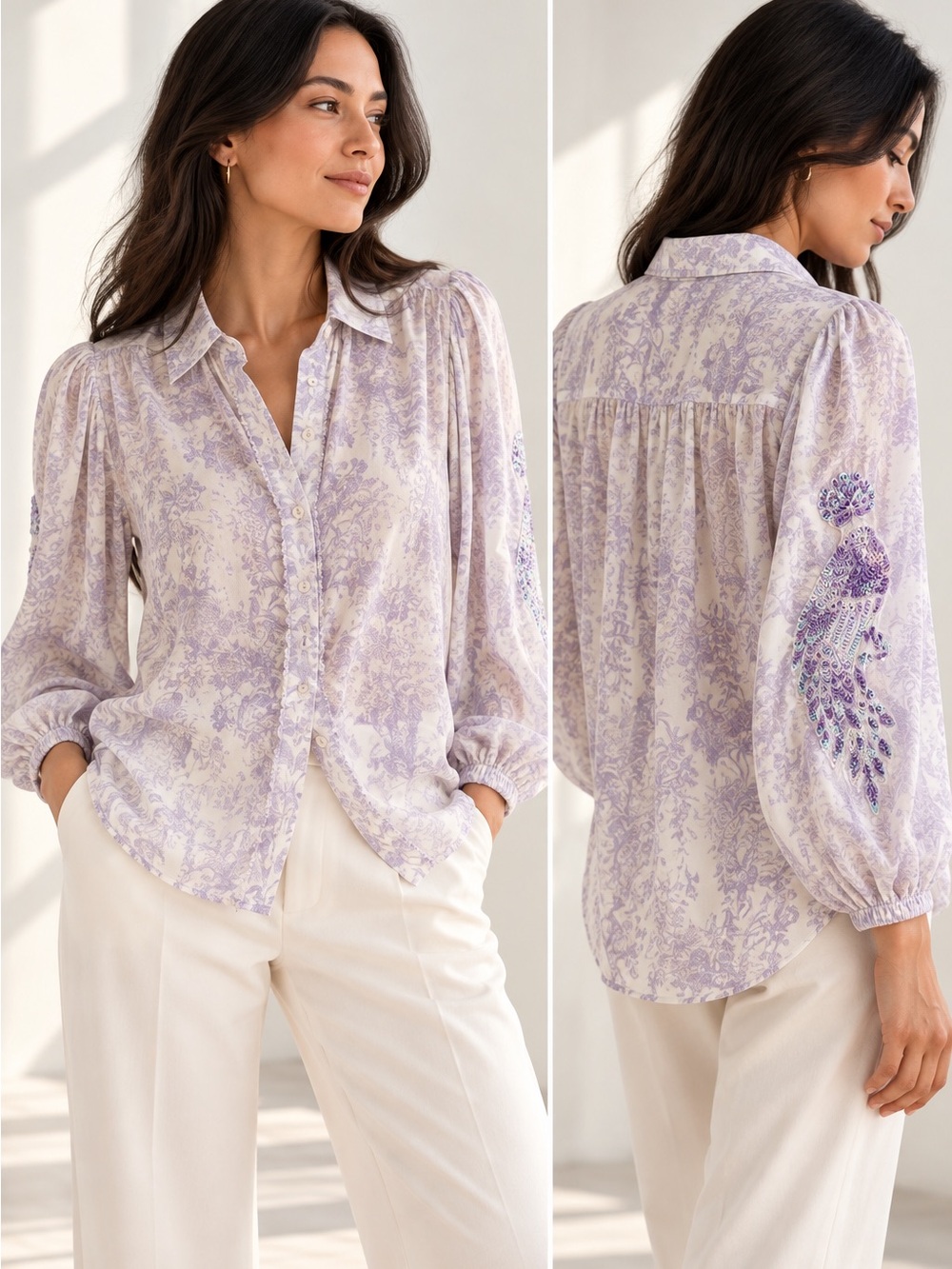 TAJ by Sabrina Crippa Lavender Toile Beaded Blouse Sequin Embroidered Sleeve Top